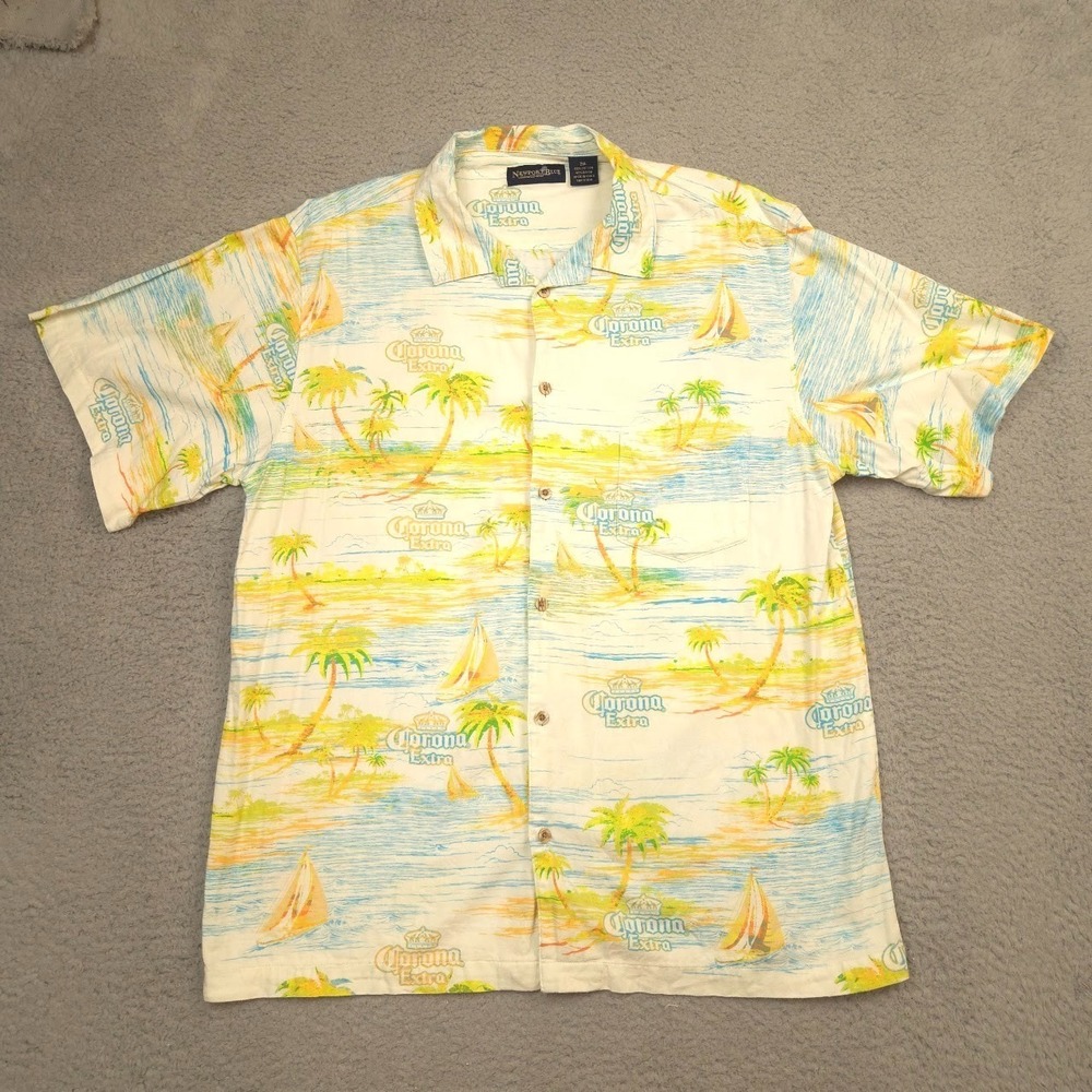 Newport Blue Corona Extra Hawaiian Shirt‎ Mens 2XL Beer Aloha Rayon Blend